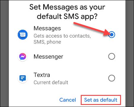 هنگام راه‌اندازی دکمه «Set Default SMS App» را انتخاب کنید