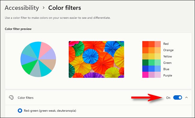 دکمه کنار Color Filters را روشن کنید