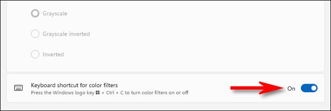 دکمه سوییچ کنار Keyboard shortcut for color filters را در حالت روشن بگذارید