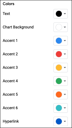 می‌توانید رنگ‌ها را برای Background، Accents، Charts و Hyperlinks انتخاب کنید