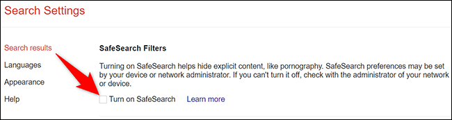 گزینه Turn On SafeSearch را روشن کنید